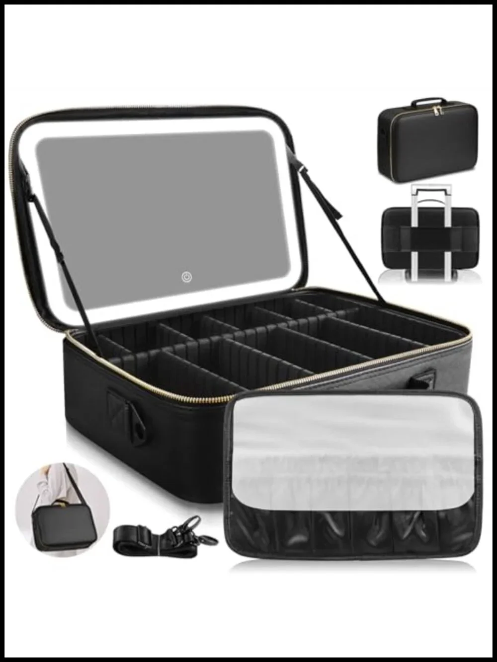 Large Capacity Makeup Bag with LED Mirror, 3 Color Light Adjustable Brightness,